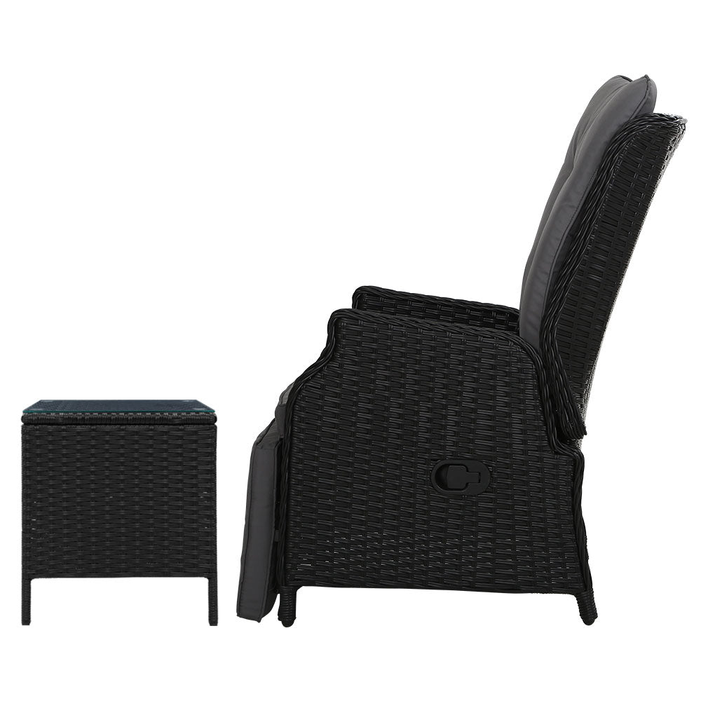 Gardeon 3PC Recliner Chairs Table Sun lounge Outdoor Furniture Wicker Adjustable Black - Furniture > Outdoor > Outdoor