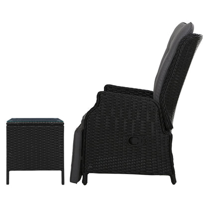 Gardeon 3PC Recliner Chairs Table Sun lounge Outdoor Furniture Wicker Adjustable Black - Furniture > Outdoor > Outdoor