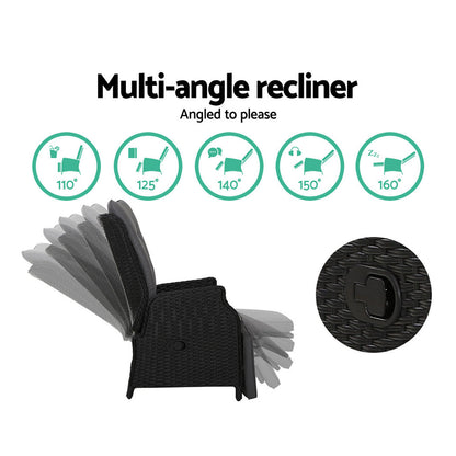 Gardeon 3PC Recliner Chairs Table Sun lounge Outdoor Furniture Wicker Adjustable Black - Furniture > Outdoor > Outdoor