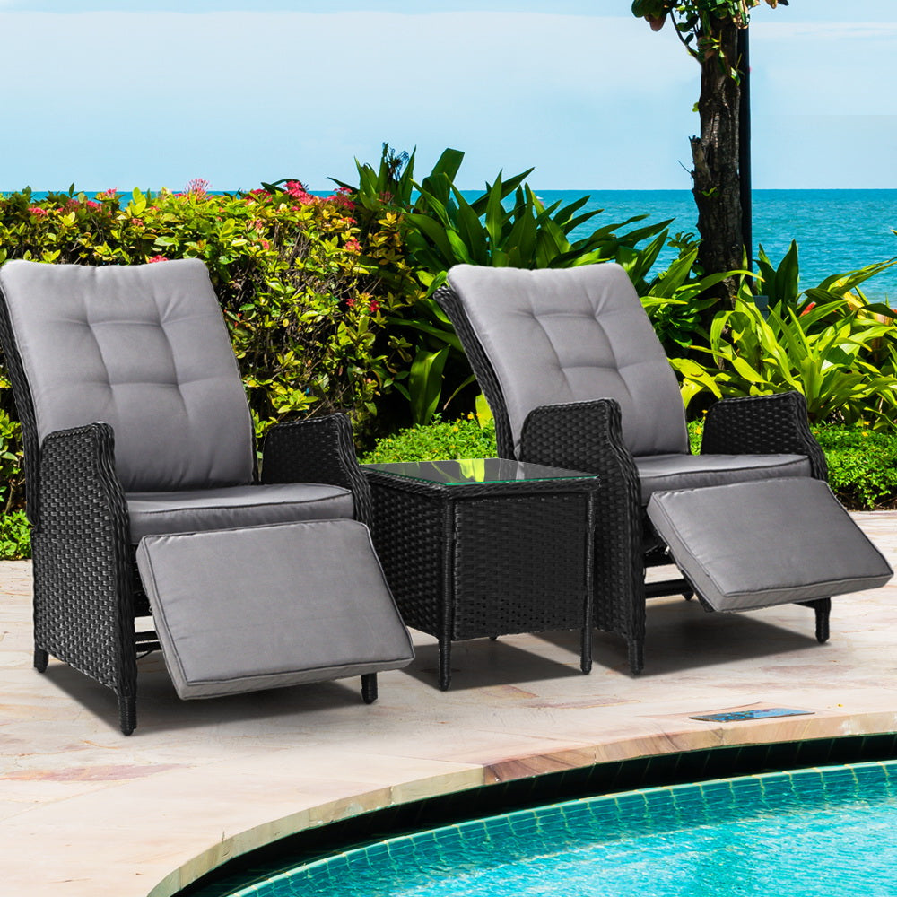 Gardeon 3PC Recliner Chairs Table Sun lounge Outdoor Furniture Wicker Adjustable Black - Furniture > Outdoor > Outdoor
