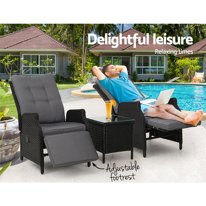 Gardeon 3PC Recliner Chairs Table Sun lounge Outdoor Furniture Wicker Adjustable Black - Furniture > Outdoor > Outdoor