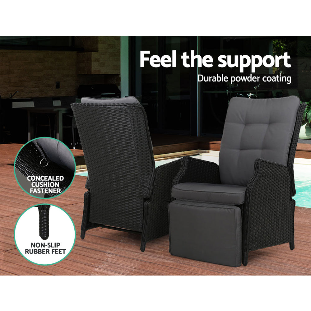 Gardeon 3PC Recliner Chairs Table Sun lounge Outdoor Furniture Wicker Adjustable Black - Furniture > Outdoor > Outdoor