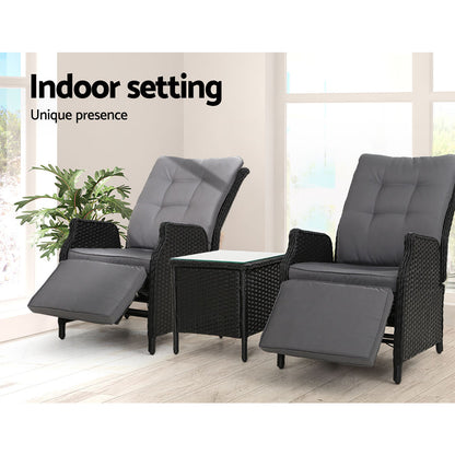Gardeon 3PC Recliner Chairs Table Sun lounge Outdoor Furniture Wicker Adjustable Black - Furniture > Outdoor > Outdoor