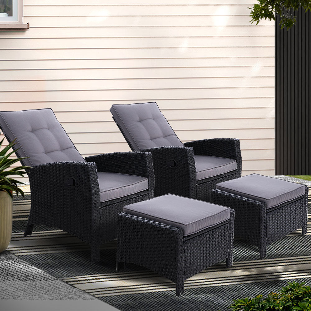 Gardeon 2PC Recliner Chairs Sun lounge Wicker Lounger Outdoor Furniture Adjustable Black - Furniture > Outdoor >