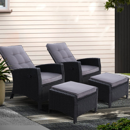 Gardeon 2PC Recliner Chairs Sun lounge Wicker Lounger Outdoor Furniture Adjustable Black - Furniture > Outdoor >