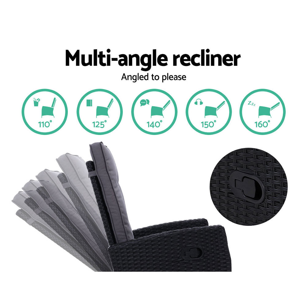 Gardeon 2PC Recliner Chairs Sun lounge Wicker Lounger Outdoor Furniture Adjustable Black - Furniture > Outdoor >