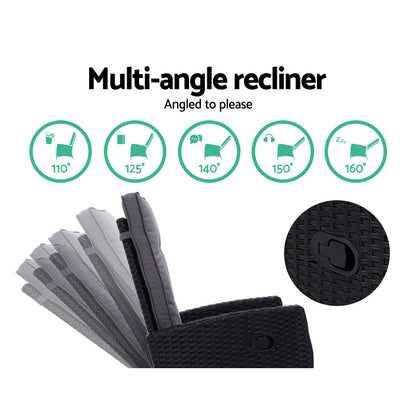 Gardeon 2PC Recliner Chairs Sun lounge Wicker Lounger Outdoor Furniture Adjustable Black - Furniture > Outdoor >