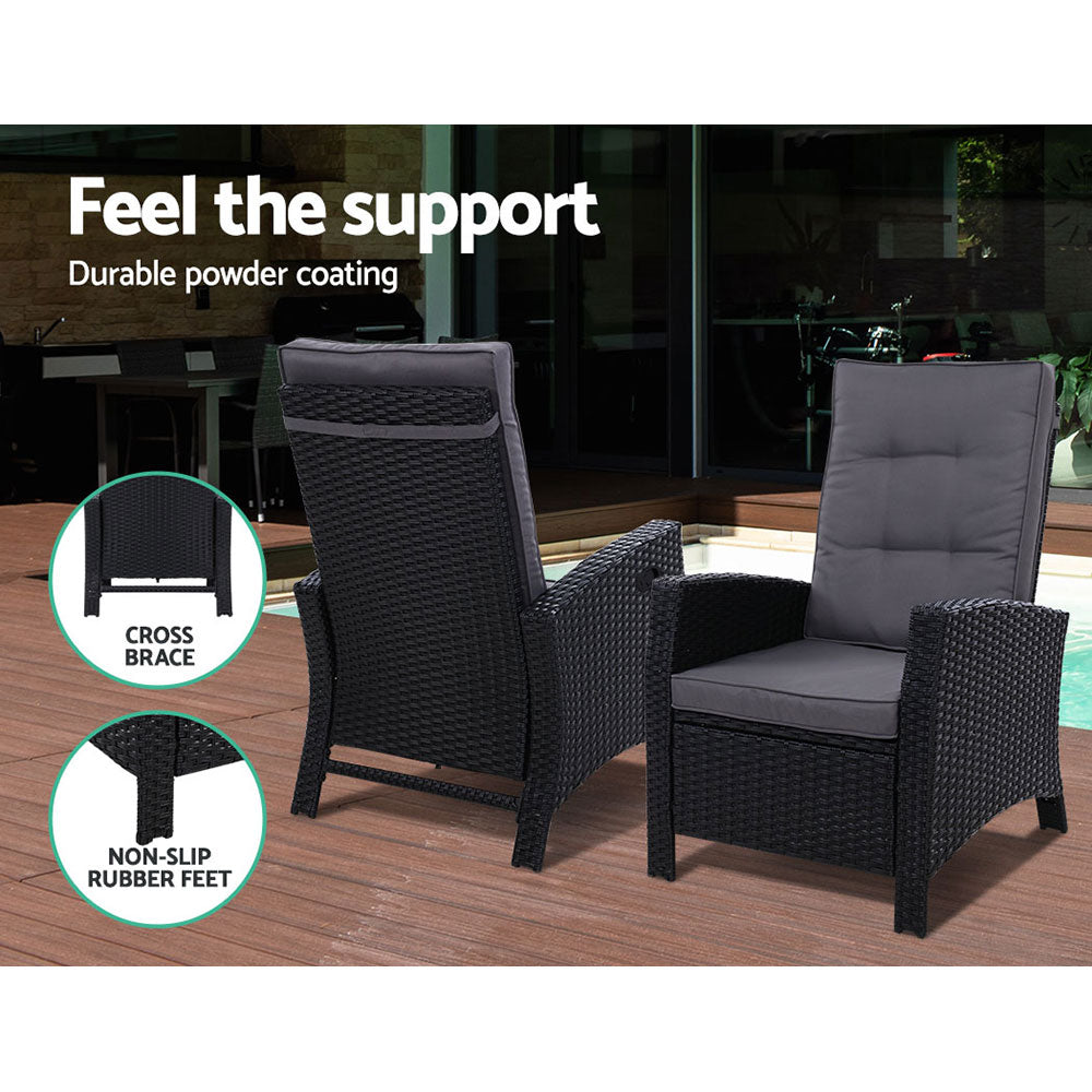 Gardeon 2PC Recliner Chairs Sun lounge Wicker Lounger Outdoor Furniture Adjustable Black - Furniture > Outdoor >