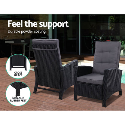 Gardeon 2PC Recliner Chairs Sun lounge Wicker Lounger Outdoor Furniture Adjustable Black - Furniture > Outdoor >