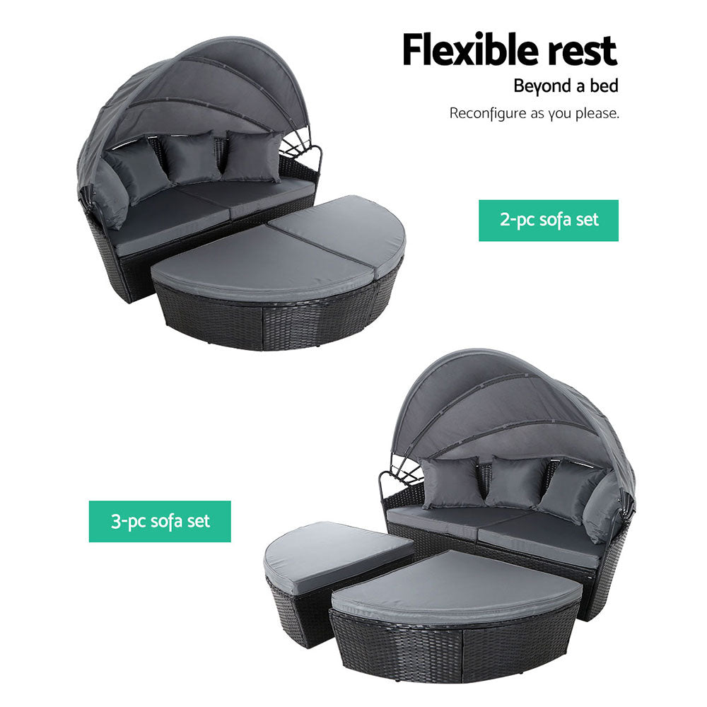 Gardeon Sun Lounge Setting Wicker Lounger Day Bed Outdoor Furniture Patio Black - Furniture > Outdoor > Outdoor Sofas &