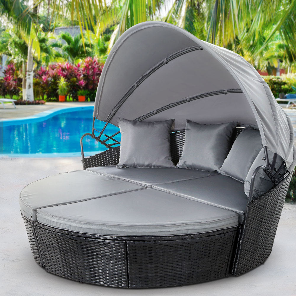 Gardeon Sun Lounge Setting Wicker Lounger Day Bed Outdoor Furniture Patio Black - Furniture > Outdoor > Outdoor Sofas &