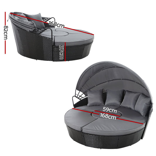Gardeon Sun Lounge Setting Wicker Lounger Day Bed Patio Outdoor Furniture Black - Furniture > Outdoor > Outdoor Sofas &