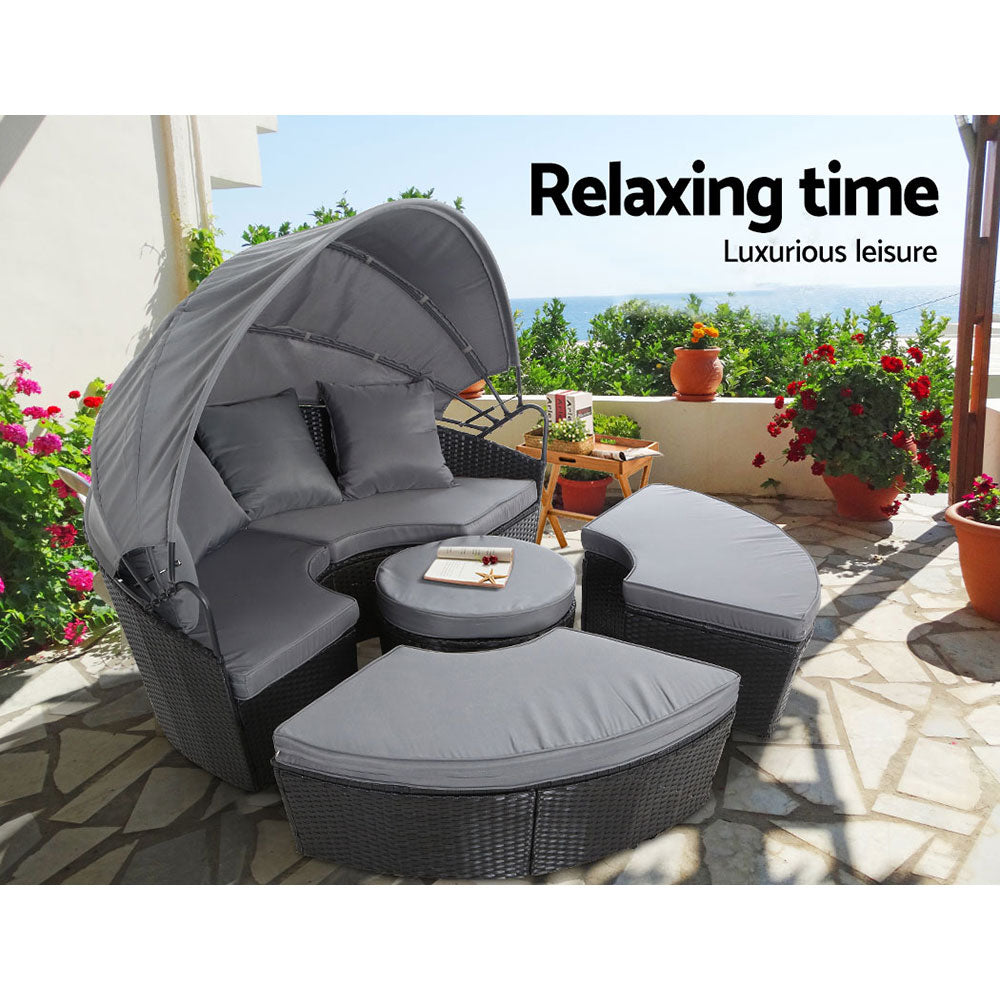 Gardeon Sun Lounge Setting Wicker Lounger Day Bed Patio Outdoor Furniture Black - Furniture > Outdoor > Outdoor Sofas &