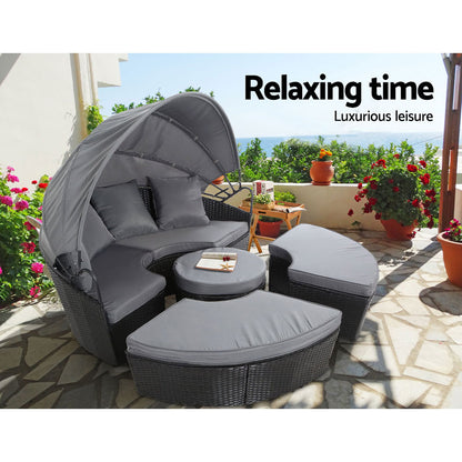 Gardeon Sun Lounge Setting Wicker Lounger Day Bed Patio Outdoor Furniture Black - Furniture > Outdoor > Outdoor Sofas &