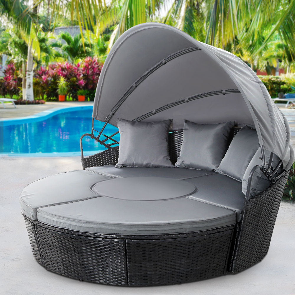 Gardeon Sun Lounge Setting Wicker Lounger Day Bed Patio Outdoor Furniture Black - Furniture > Outdoor > Outdoor Sofas &