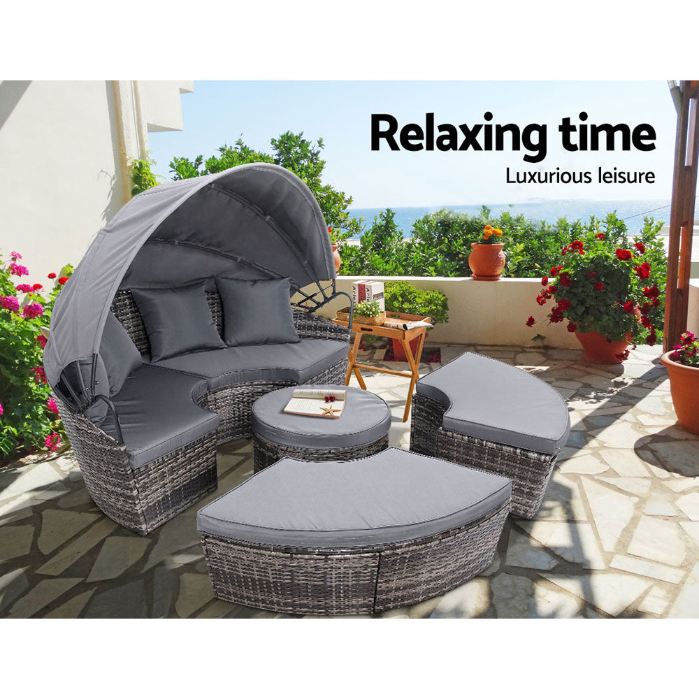 Gardeon Sun Lounge Setting Wicker Lounger Day Bed Patio Outdoor Furniture Grey - Furniture > Outdoor > Outdoor Sofas &