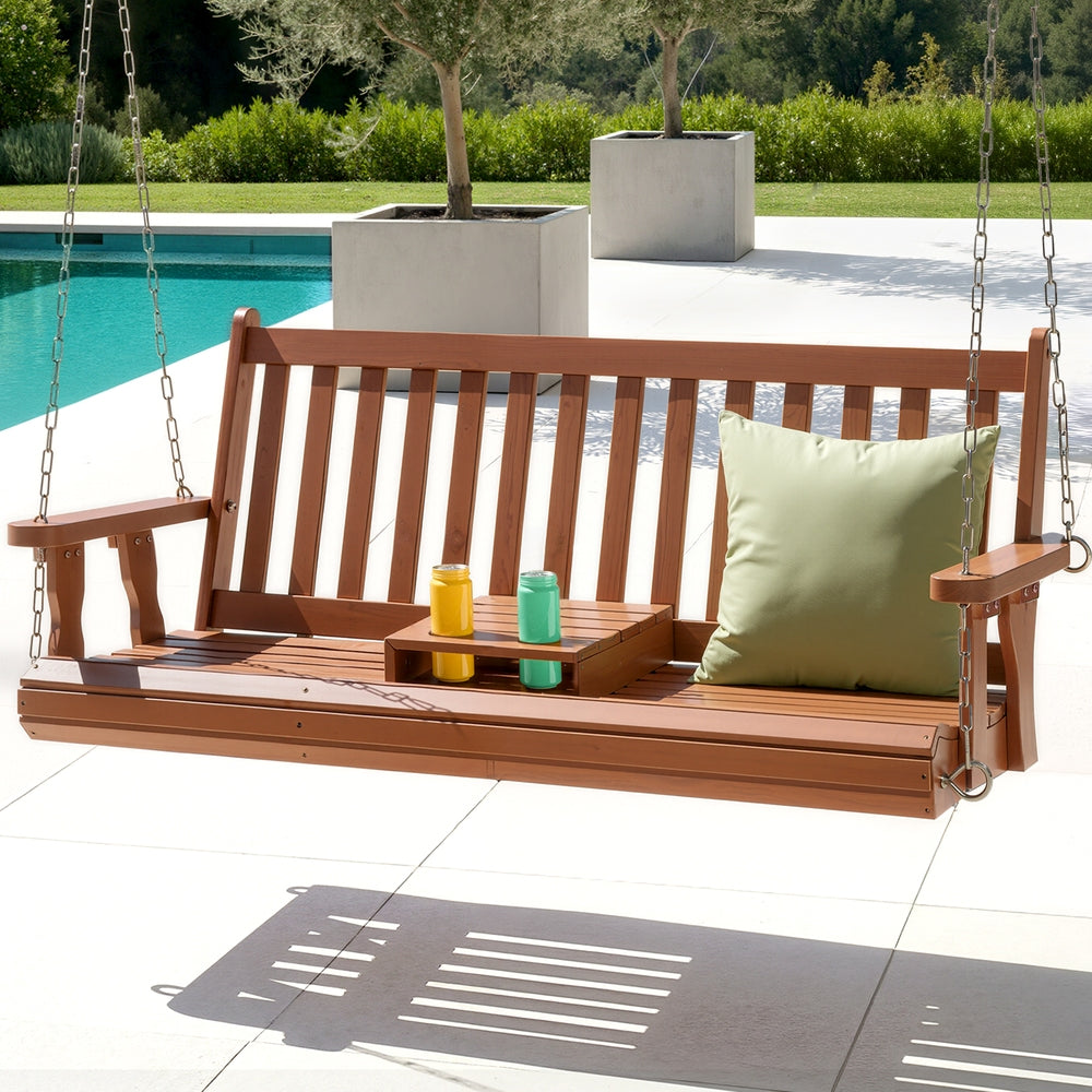 Gardeon Porch Outdoor Swing Chair Patio Furniture Wooden Bench 2 Seat Cup Holder - Furniture > Outdoor > Outdoor Chairs
