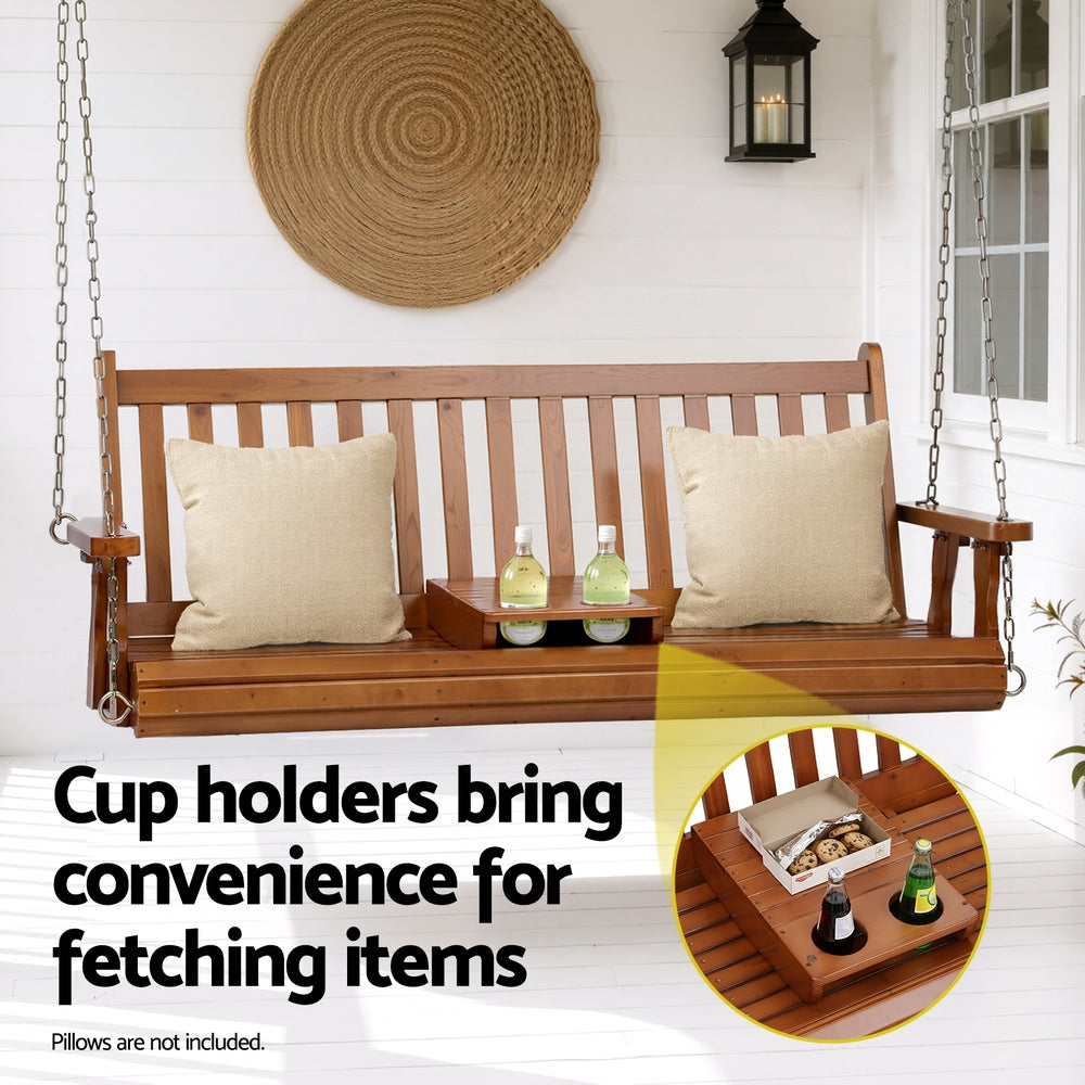 Gardeon Porch Outdoor Swing Chair Patio Furniture Wooden Bench 2 Seat Cup Holder - Furniture > Outdoor > Outdoor Chairs
