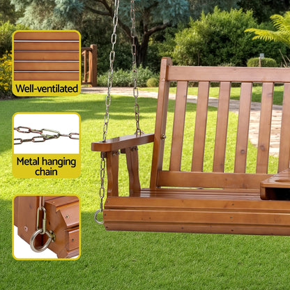 Gardeon Porch Outdoor Swing Chair Patio Furniture Wooden Bench 2 Seat Cup Holder - Furniture > Outdoor > Outdoor Chairs