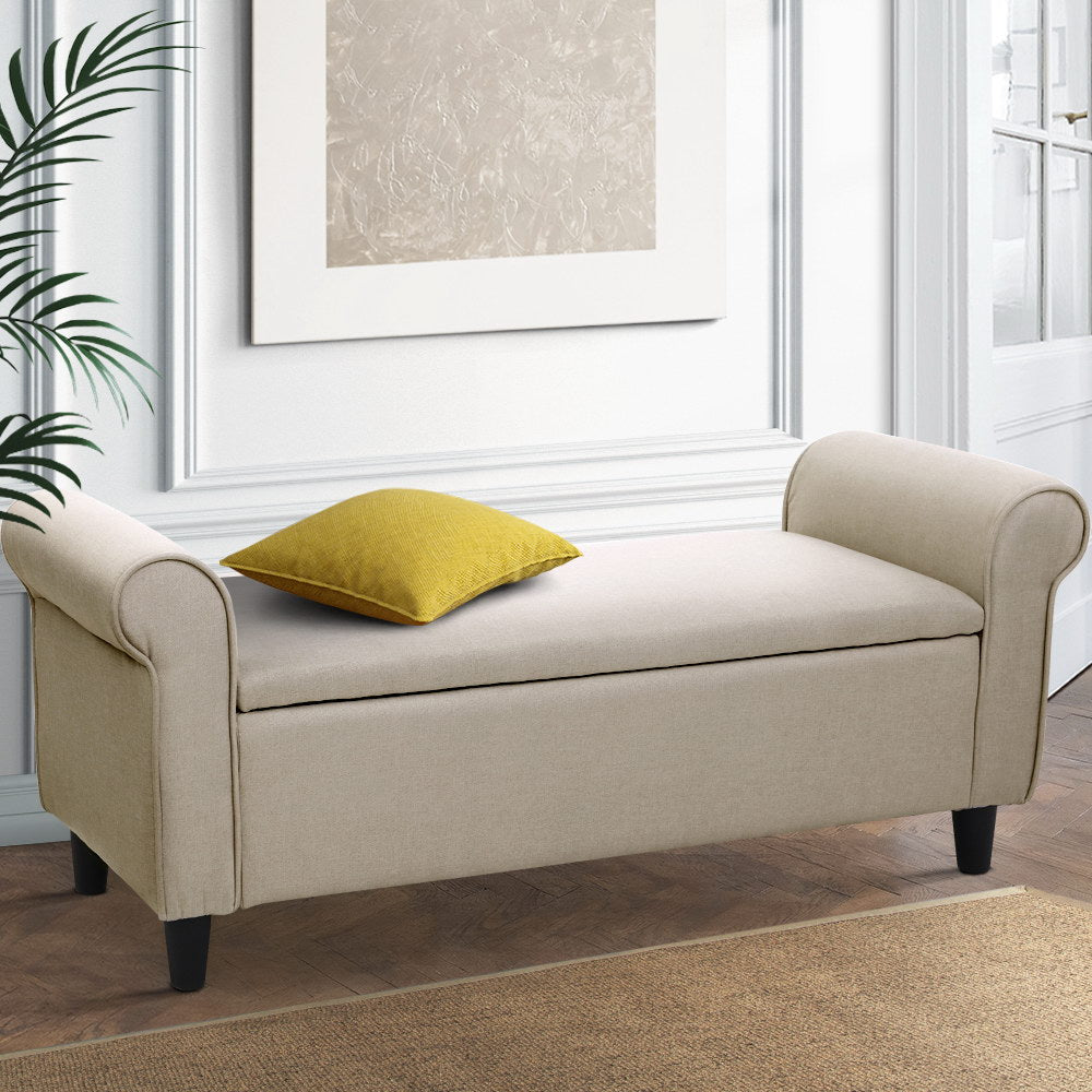 Artiss Storage Ottoman Blanket Box 125cm Arm Linen Taupe - Furniture > Living Room > Ottomans & Footstools