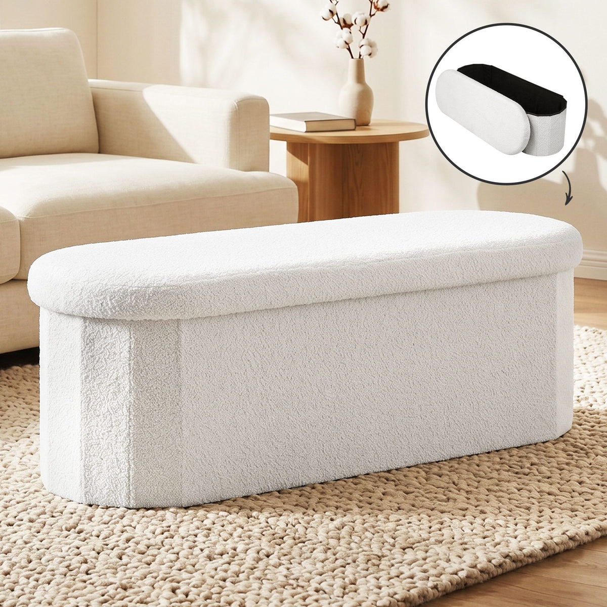 Storage Ottoman Foot Stool Rest Boucle Fabric Foldable White