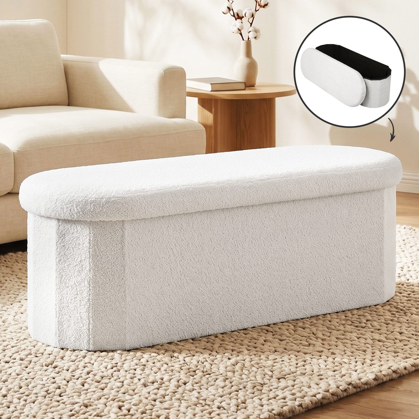 Storage Ottoman Foot Stool Rest Boucle Fabric Foldable White