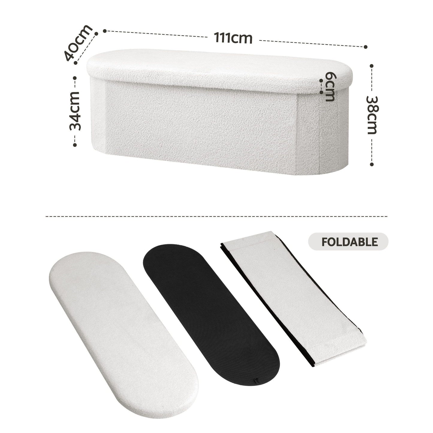 Storage Ottoman Foot Stool Rest Boucle Fabric Foldable White