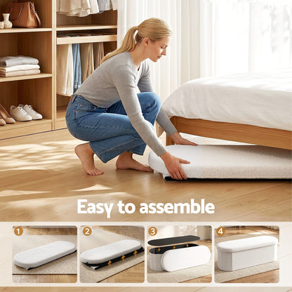 Storage Ottoman Foot Stool Rest Boucle Fabric Foldable White
