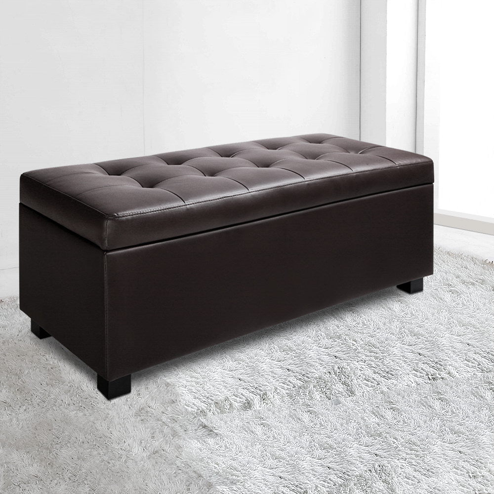 Artiss Storage Ottoman Blanket Box 97cm Leather Brown Furniture > Living Room > Ottomans & Footstools