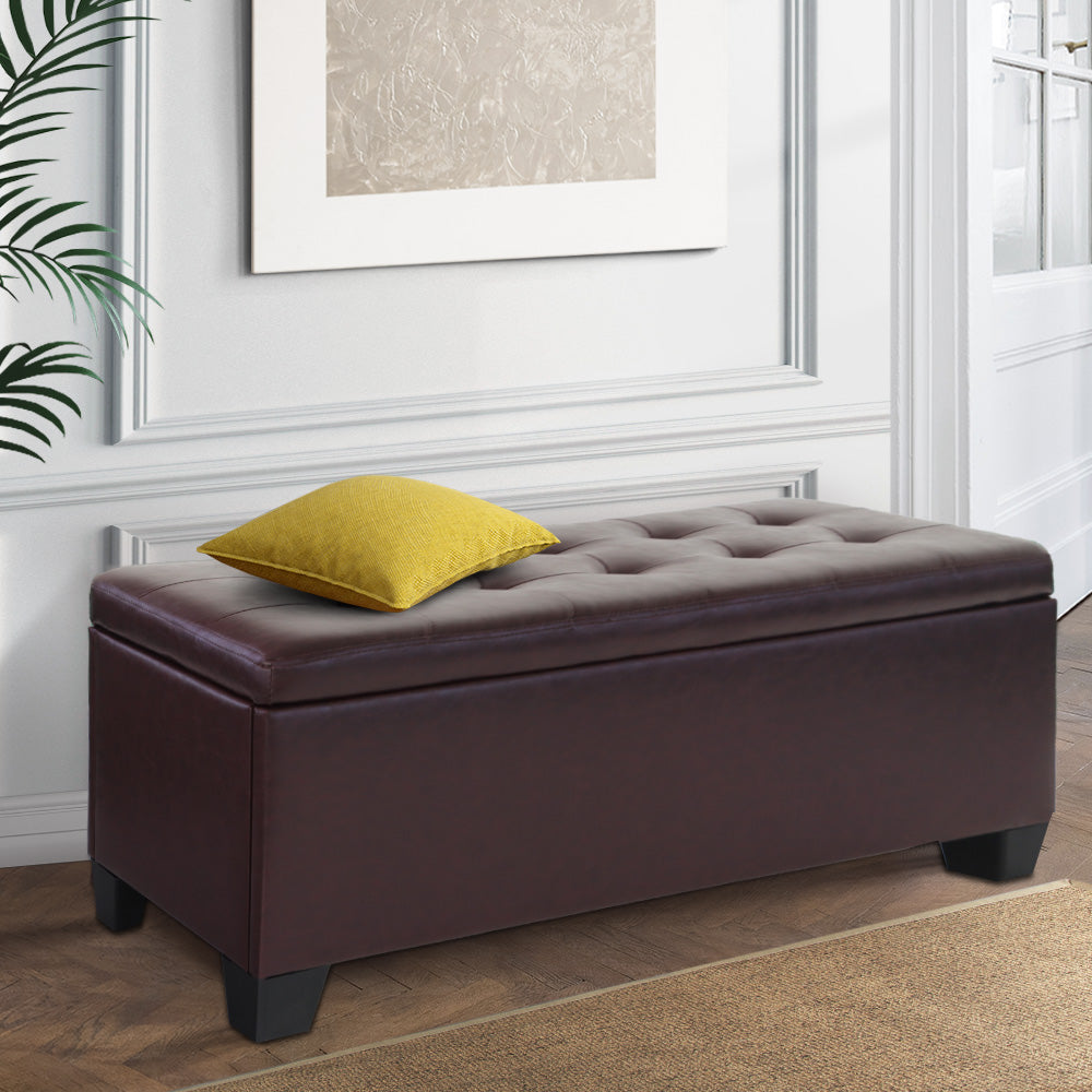 Artiss Storage Ottoman Blanket Box 97cm Leather Brown Furniture > Living Room > Ottomans & Footstools