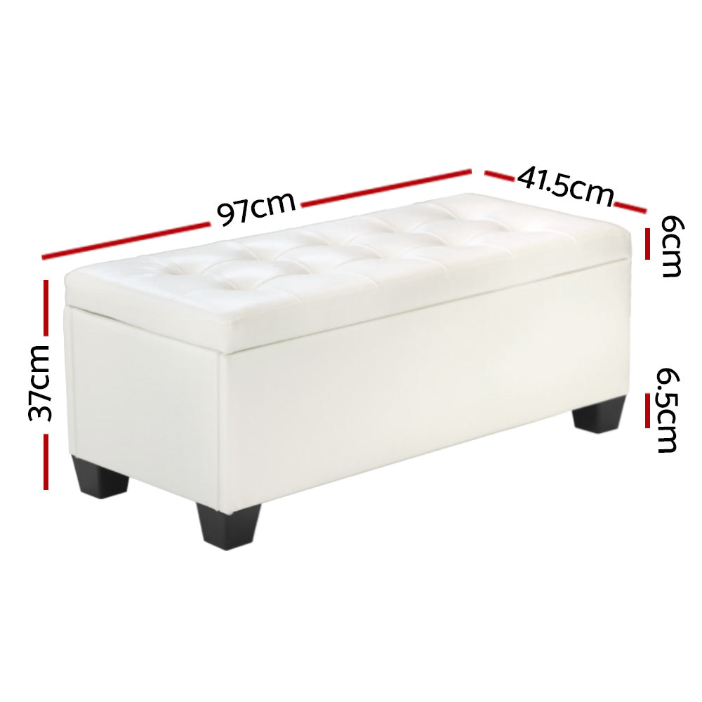Artiss Storage Ottoman Blanket Box 97cm Leather White - Furniture > Living Room > Ottomans & Footstools