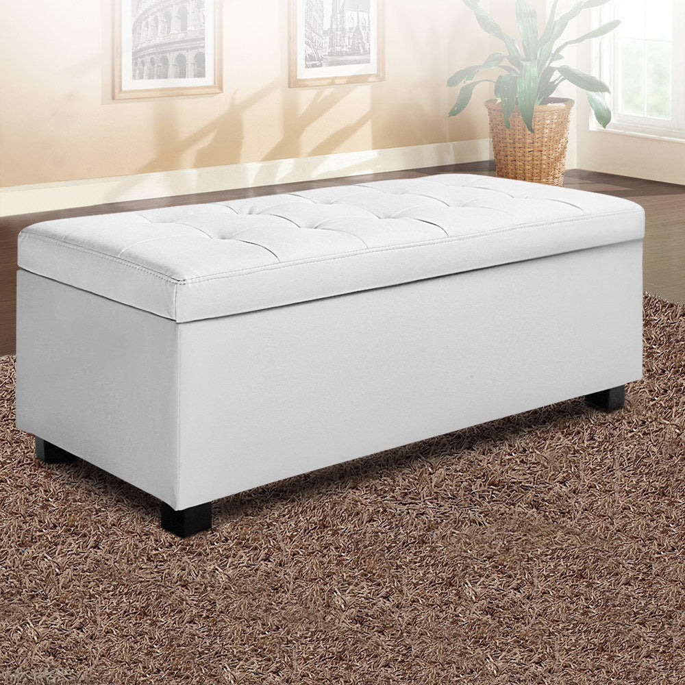 Artiss Storage Ottoman Blanket Box 97cm Leather White - Furniture > Living Room > Ottomans & Footstools