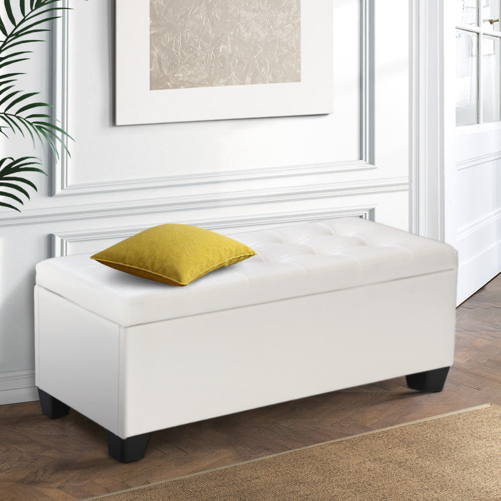 Artiss Storage Ottoman Blanket Box 97cm Leather White - Furniture > Living Room > Ottomans & Footstools