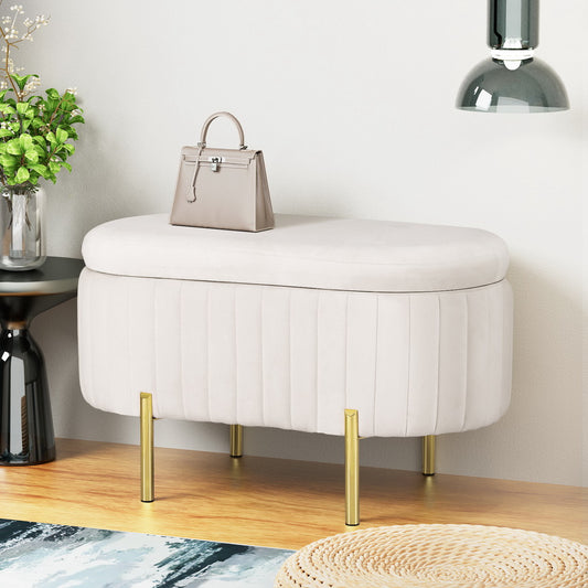 Artiss Storage Ottoman Blanket Box 87cm Velvet Oval White - Furniture > Living Room > Ottomans & Footstools