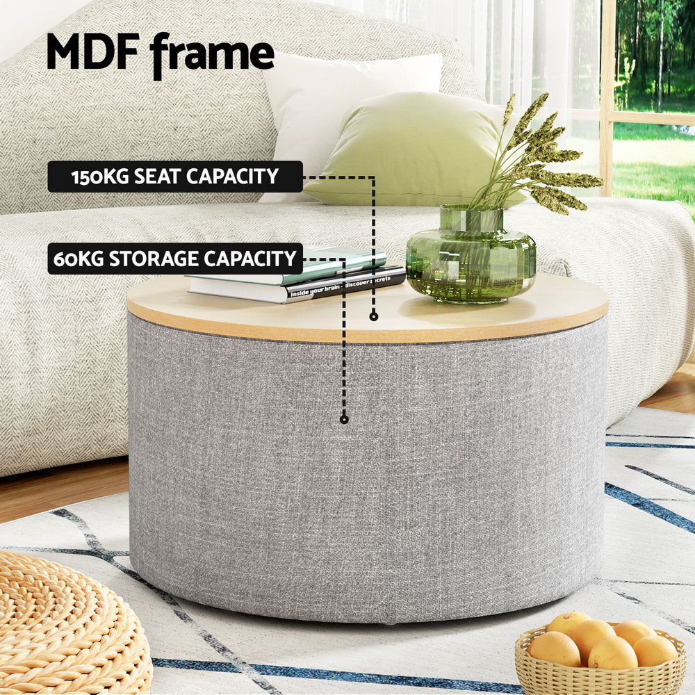 Artiss Storage Ottoman Blanket Box 60cm Linen Round Grey Furniture > Living Room > Ottomans & Footstools
