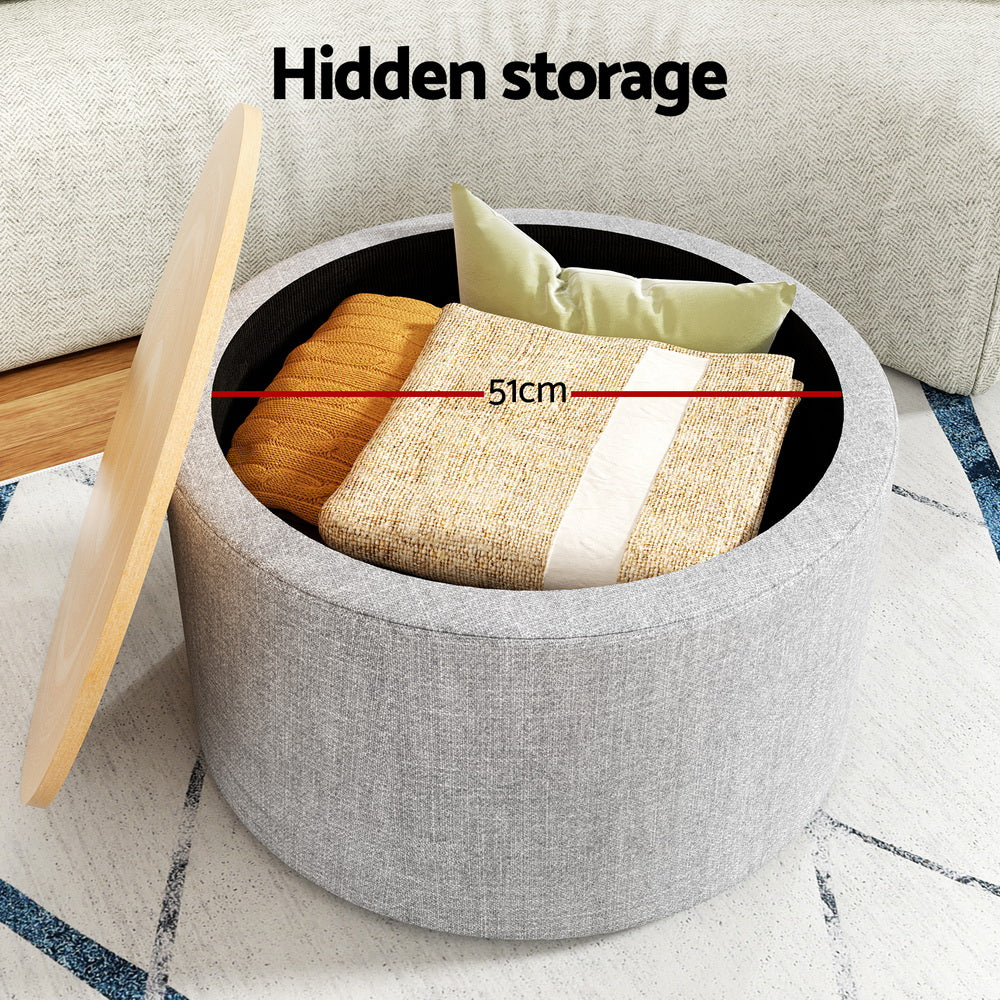 Artiss Storage Ottoman Blanket Box 60cm Linen Round Grey Furniture > Living Room > Ottomans & Footstools