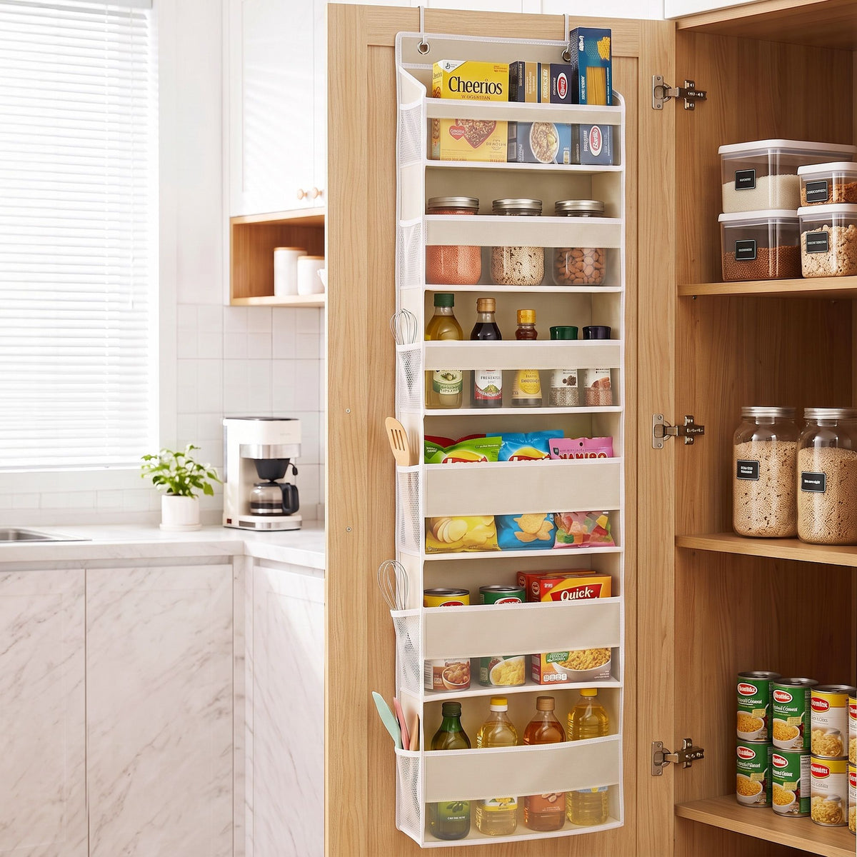 Over Door Storage Hanger Pantry 6-Tier 12 Pockets Fabric Organiser Beige