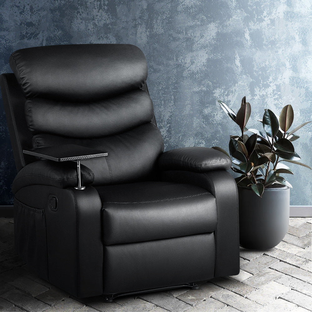 Artiss Recliner Chair Leather Black Tray Table Erika - Furniture > Bar Stools & Chairs > Arm Chairs & Recliners