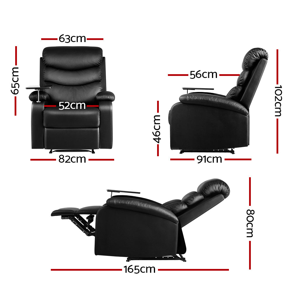 Artiss Recliner Chair Leather Black Tray Table Erika - Furniture > Bar Stools & Chairs > Arm Chairs & Recliners