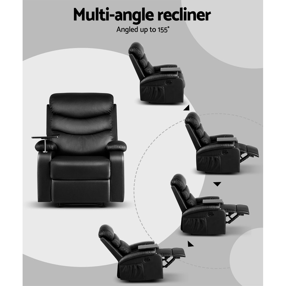 Artiss Recliner Chair Leather Black Tray Table Erika - Furniture > Bar Stools & Chairs > Arm Chairs & Recliners