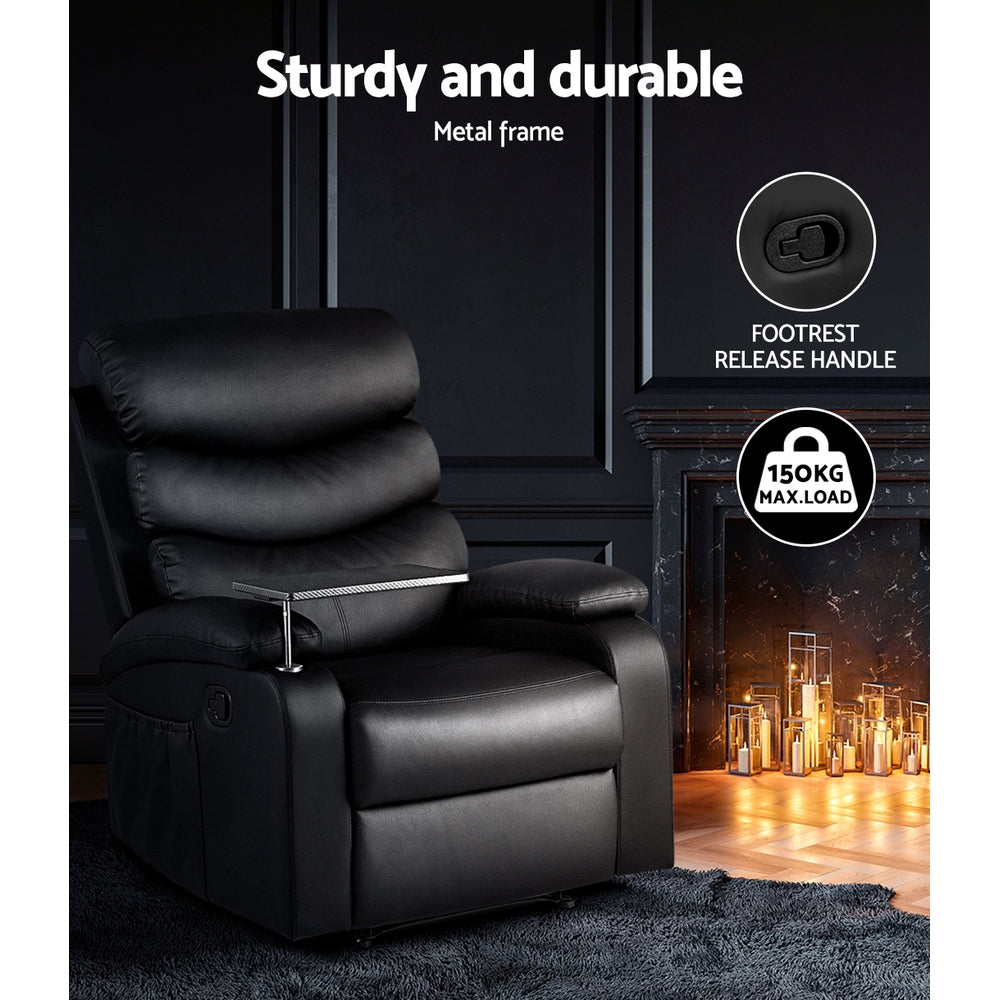 Artiss Recliner Chair Leather Black Tray Table Erika - Furniture > Bar Stools & Chairs > Arm Chairs & Recliners