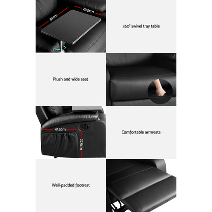 Artiss Recliner Chair Leather Black Tray Table Erika - Furniture > Bar Stools & Chairs > Arm Chairs & Recliners