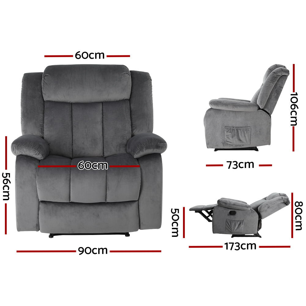 Artiss Recliner Chair Electric Massage Chair Velvet Lounge Sofa Heated Grey Furniture > Bar Stools & Chairs > Massage