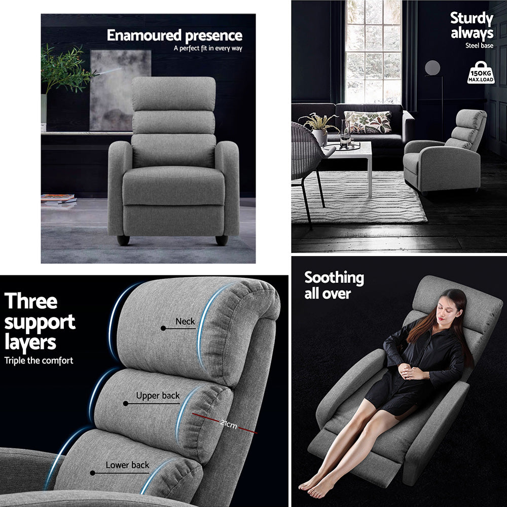 Artiss Recliner Armchair Grey Fabric Bolivia Furniture > Bar Stools & Chairs > Arm Chairs & Recliners