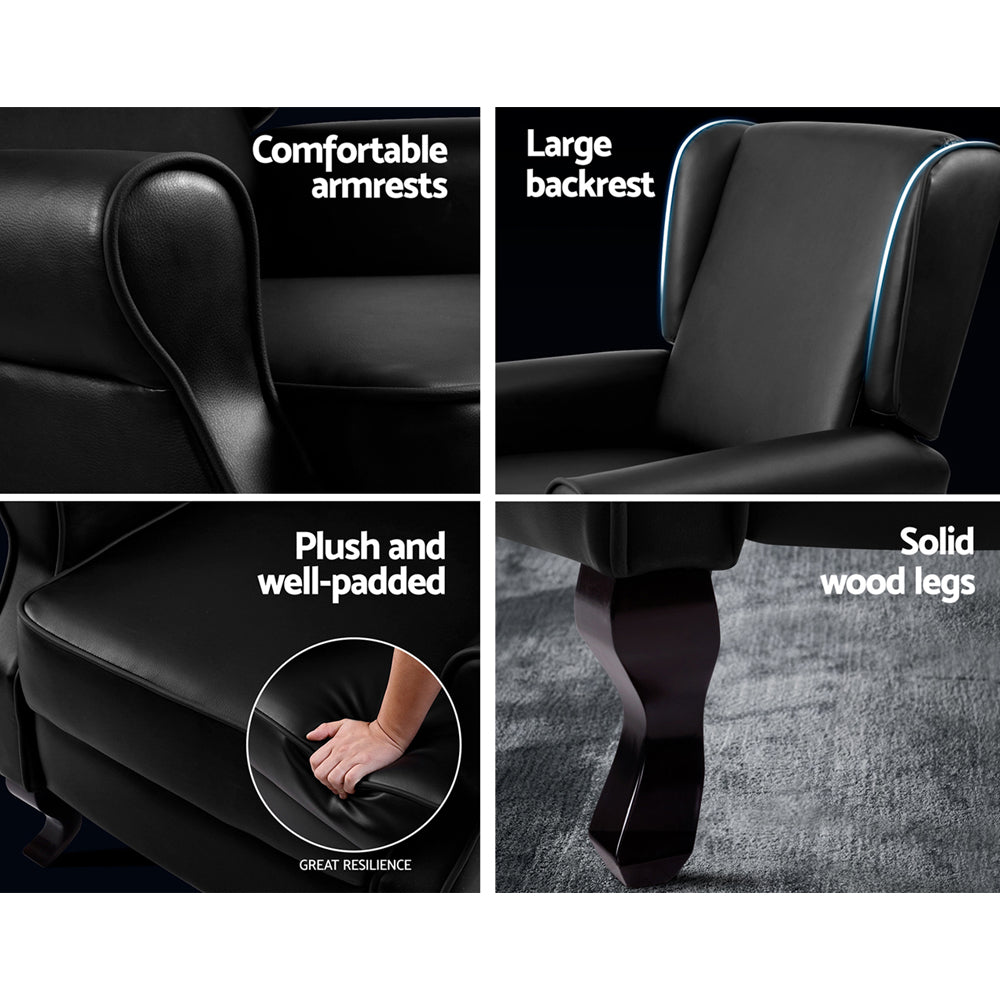 Artiss Recliner Armchair Black Faux Leather Domini - Furniture > Bar Stools & Chairs > Arm Chairs & Recliners