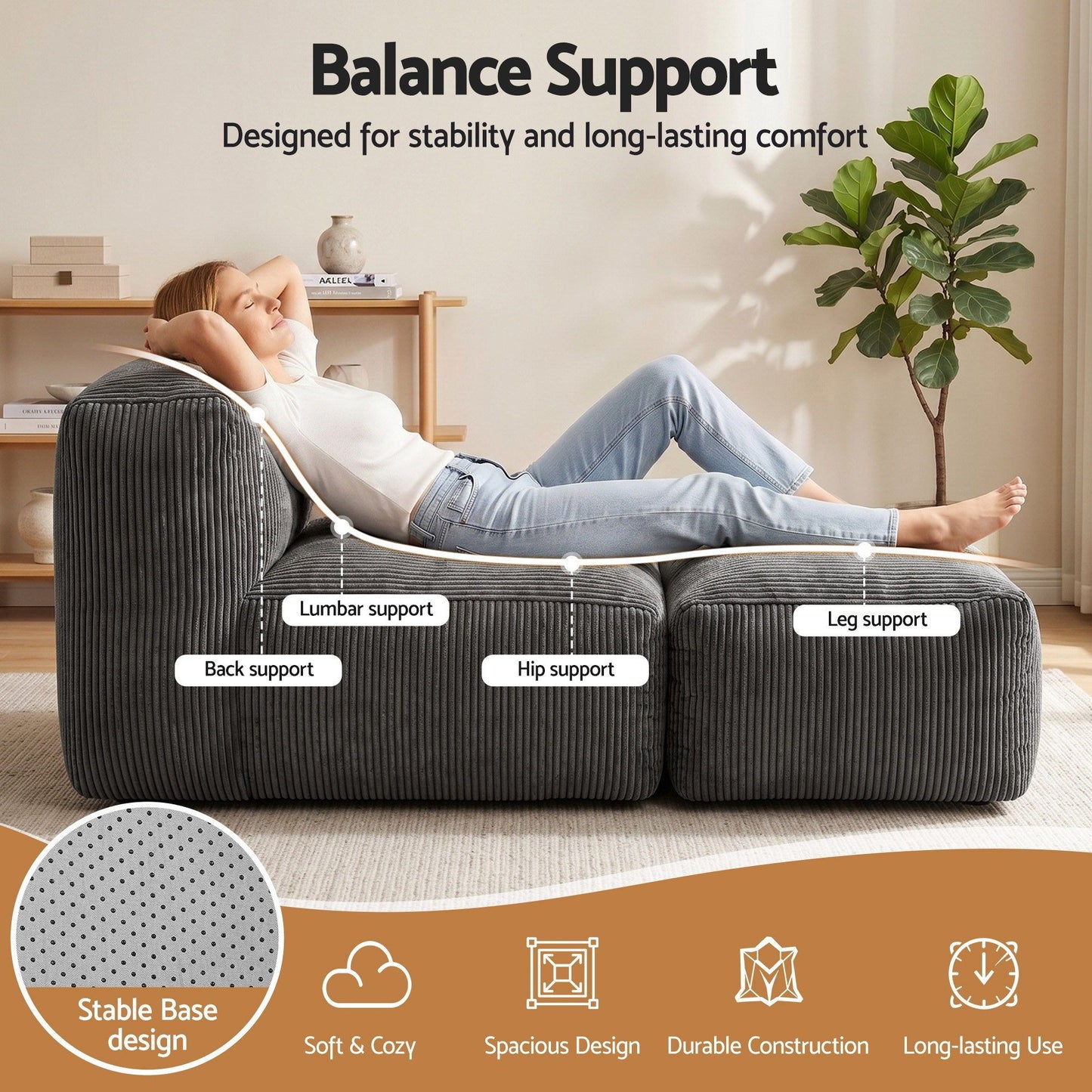 Foldable Bean Bag Sofa Bed Cloud Couch Boneless Floor Lounger Chair Grey