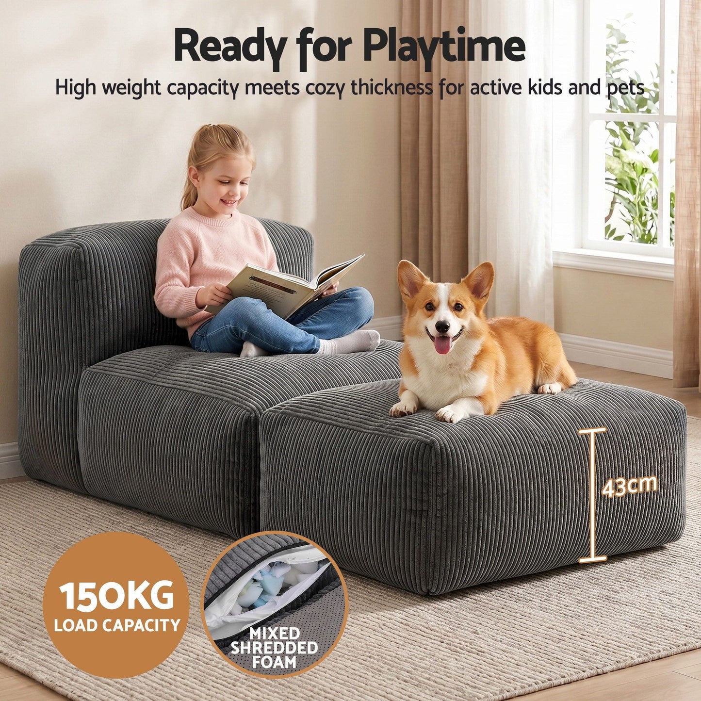 Foldable Bean Bag Sofa Bed Cloud Couch Boneless Floor Lounger Chair Grey
