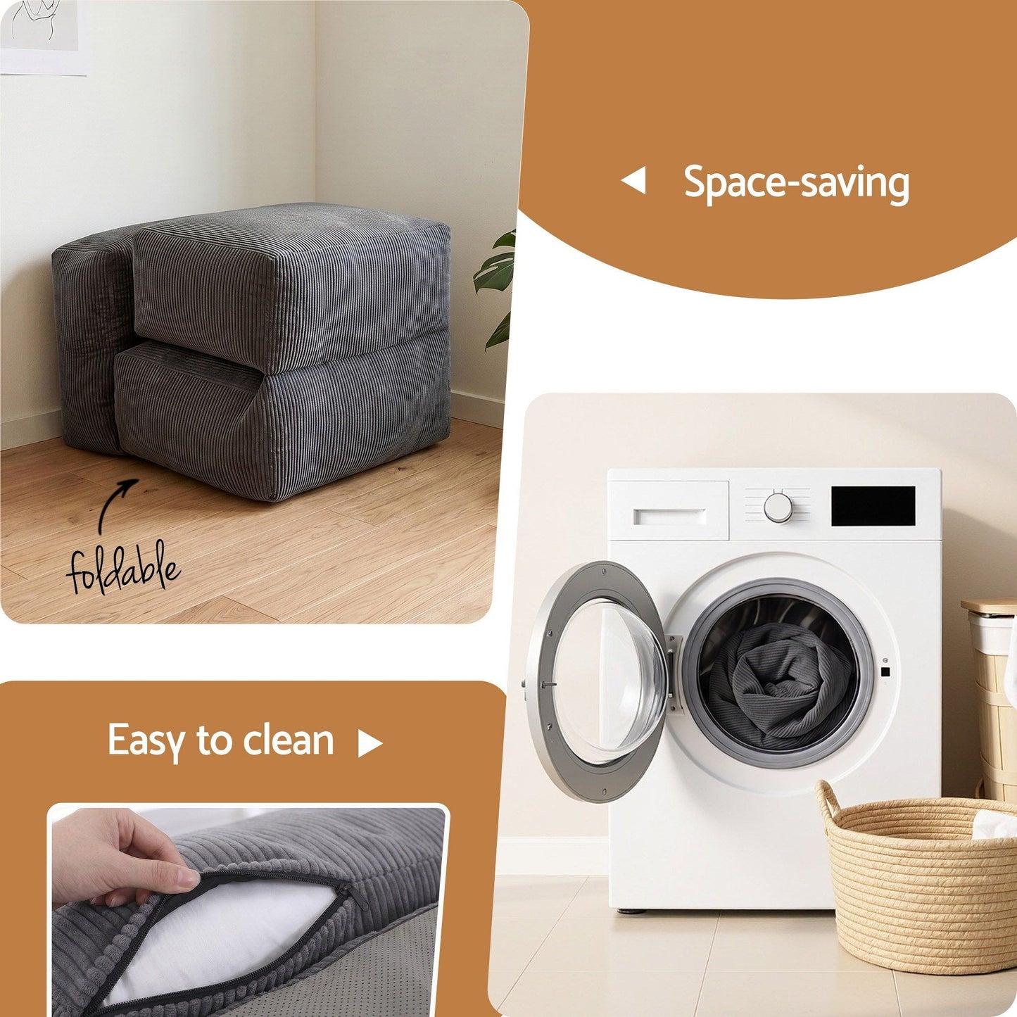 Foldable Bean Bag Sofa Bed Cloud Couch Boneless Floor Lounger Chair Grey