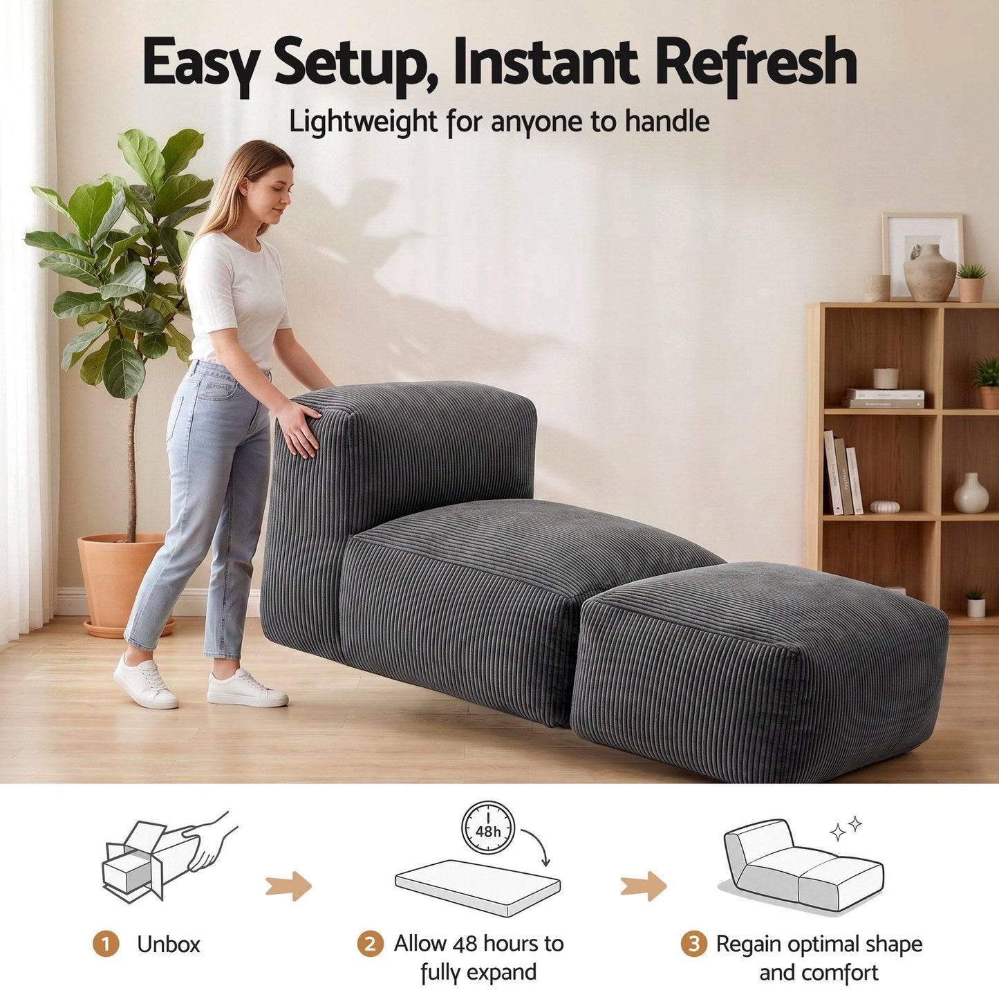 Foldable Bean Bag Sofa Bed Cloud Couch Boneless Floor Lounger Chair Grey