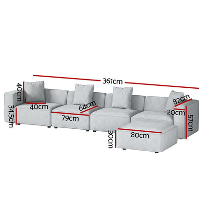 Artiss Modular Sofa Chaise Set 5-Seater Grey - Furniture > Bar Stools & Chairs > Arm Chairs & Recliners